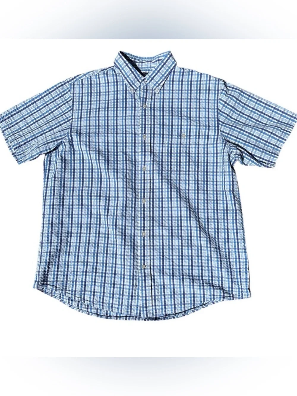 Lands End Men's Blue Plaid Check  Seersucker Short-Sleeve Button-Down Shirt